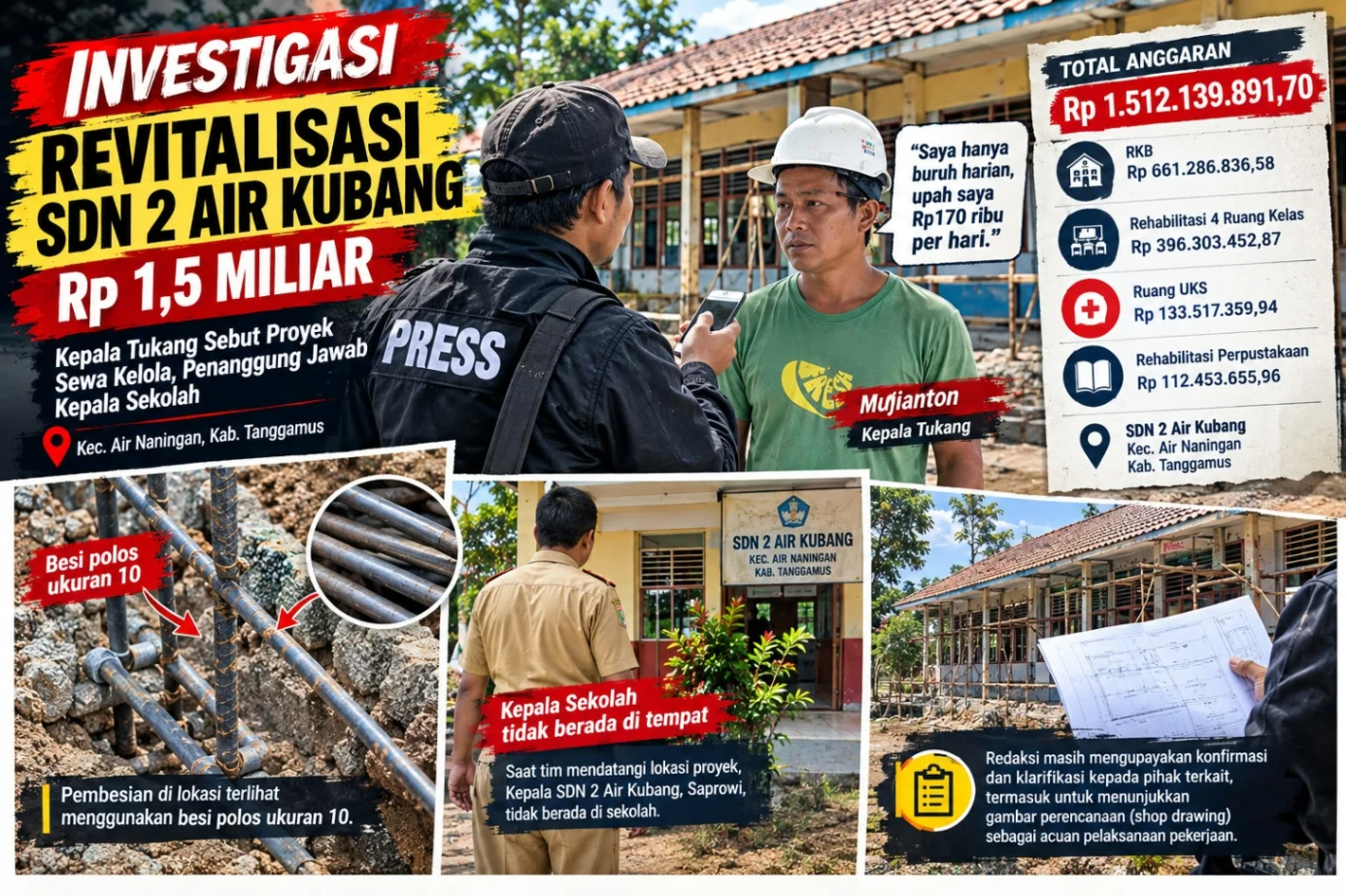 LSM KCBI Soroti Revitalisasi SDN 2 Air Kubang Diduga Tak Sesuai Standar, Keberadaan Ketua P2SP Misterius