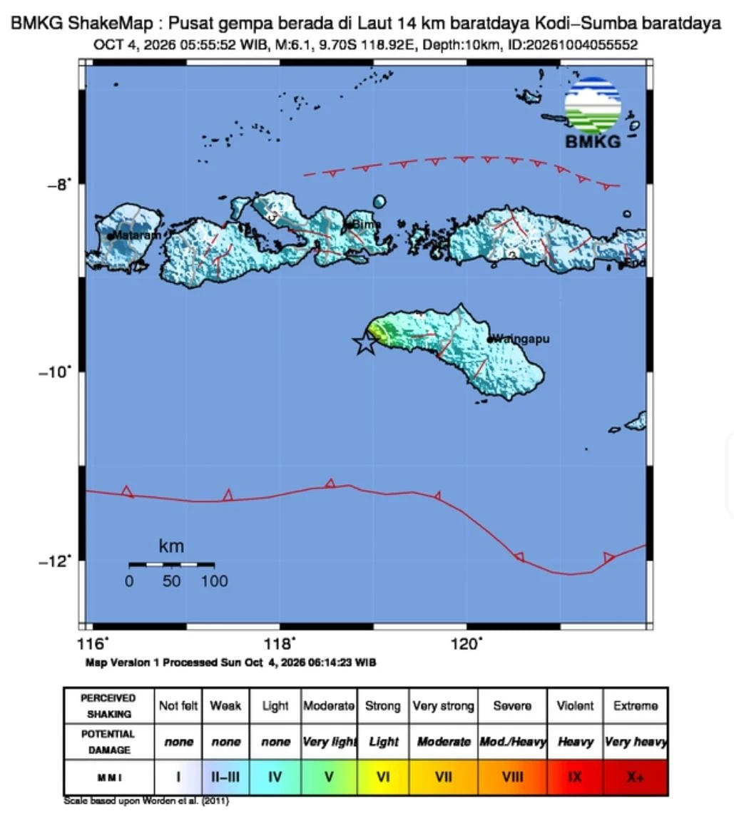 Gempa M6.1 Guncang Sumba Barat Daya