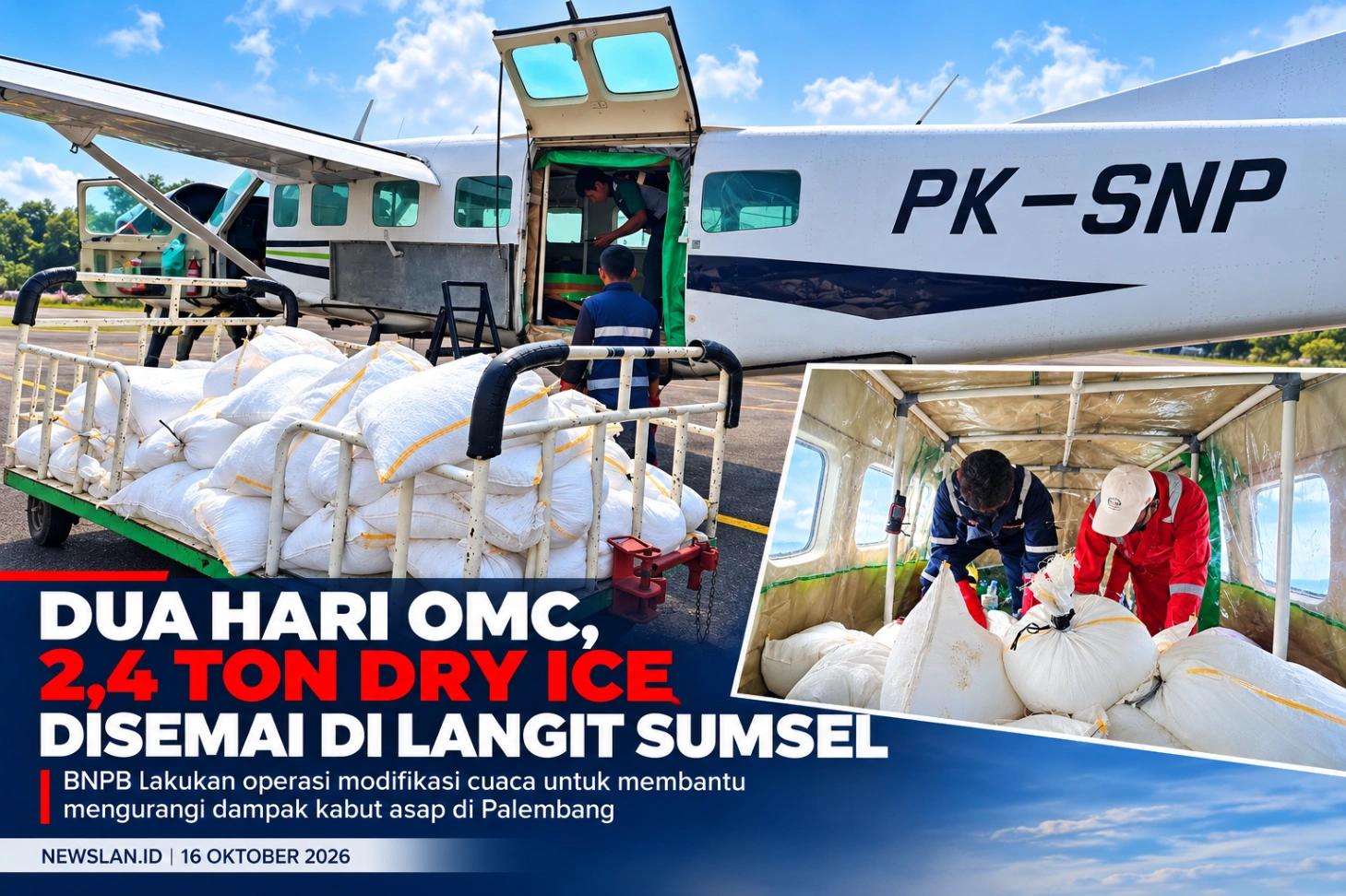 Dua Hari OMC 2,4 Ton Dry Ice Disemai di Langit Sumsel