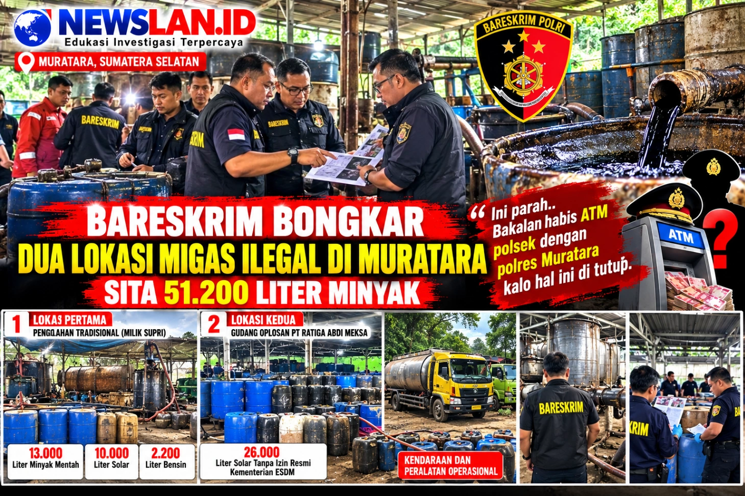 BARESKRIM SIKAT DUA LOKASI MIGAS ILEGAL, 51.200 LITER MINYAK DISITA! SINDIRAN “ATM POLSEK DAN POLRES” MENGUAT