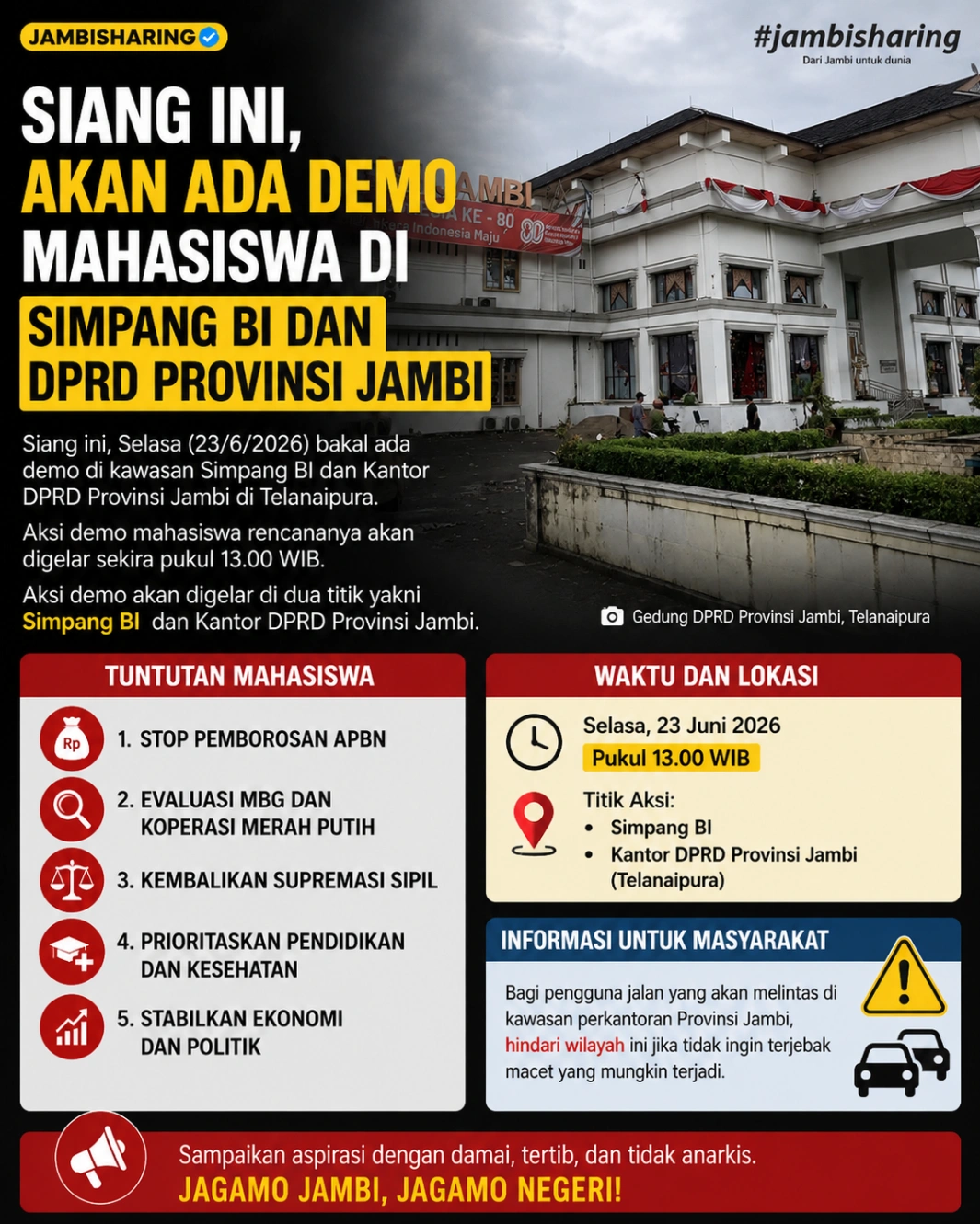 MAHASISWA JAMBI AKAN GELAR AKSI DEMO DI SIMPANG BI DAN DPRD PROVINSI JAMBI SIANG INI