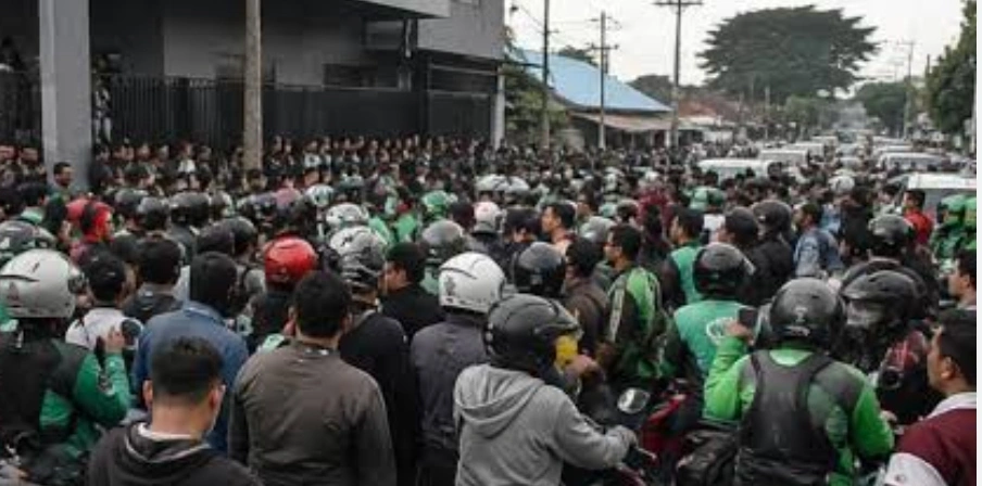 RATUSAN OJOL KEPUNG  KANTOR DC DI BANDUNG, AKIBAT MAIN TARIK MOTOR DIJALAN