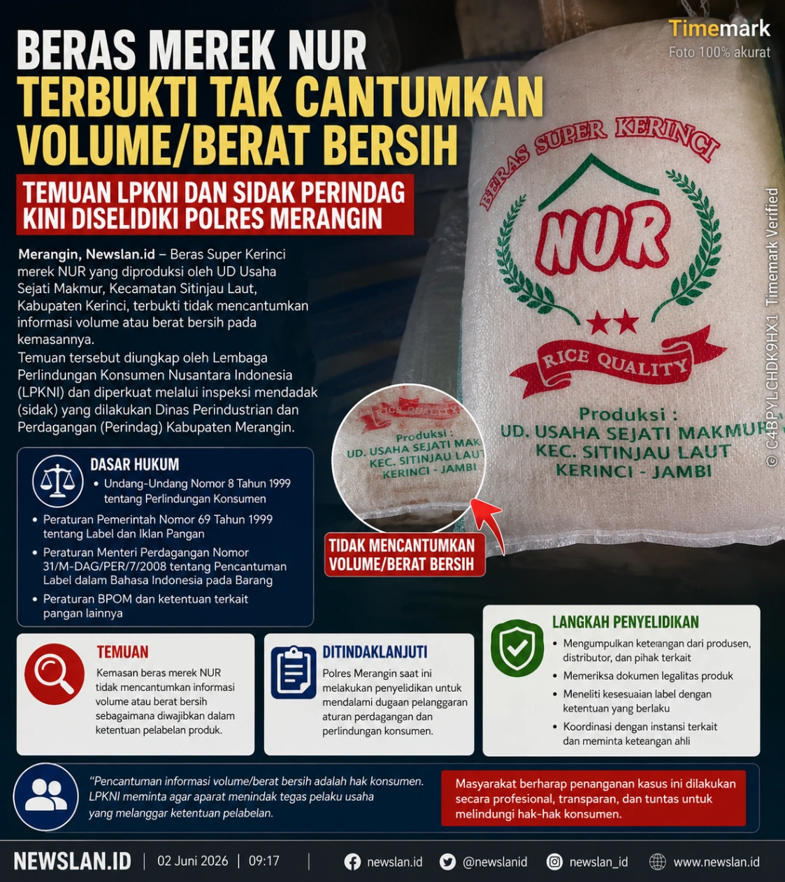 BERAS MEREK NUR TERBUKTI TAK CANTUMKAN VOLUME, TEMUAN LPKNI DAN SIDAK PERINDAG KINI DISELIDIKI POLRES MERANGIN