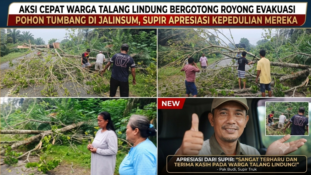CUKUP 30 MENIT, AKSI CEPAT WARGA TALANG LINDUNG BERGOTONG ROYONG EVAKUASI POHON TUMBANG DI JALINSUM, SUPIR APRESIASI KEPEDULIAN MEREKA