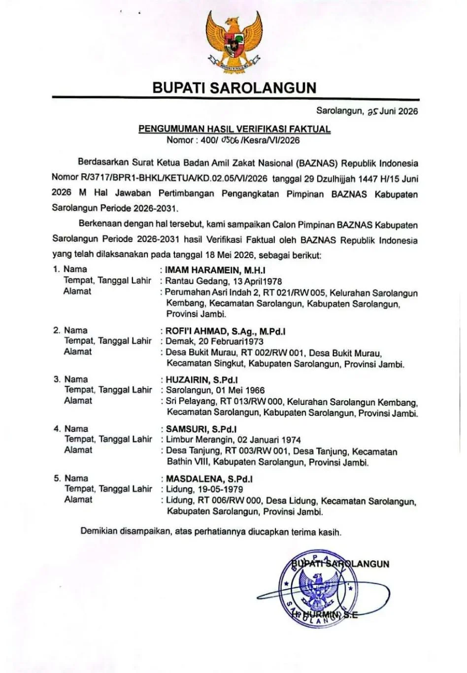 Pemkab Sarolangun Umumkan Hasil Verifikasi Faktual Calon Pimpinan BAZNAS Periode 2026–2031