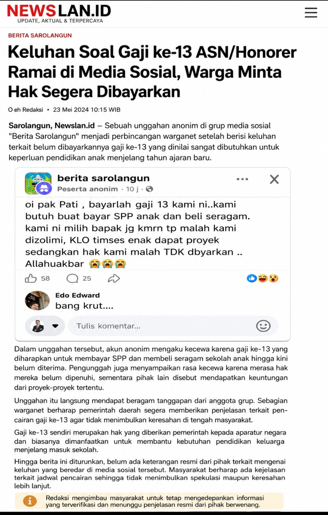 Keluhan Soal Gaji ke-13 ASN/Honorer Ramai di Media Sosial, Warga Minta Hak Segera Dibayarkan