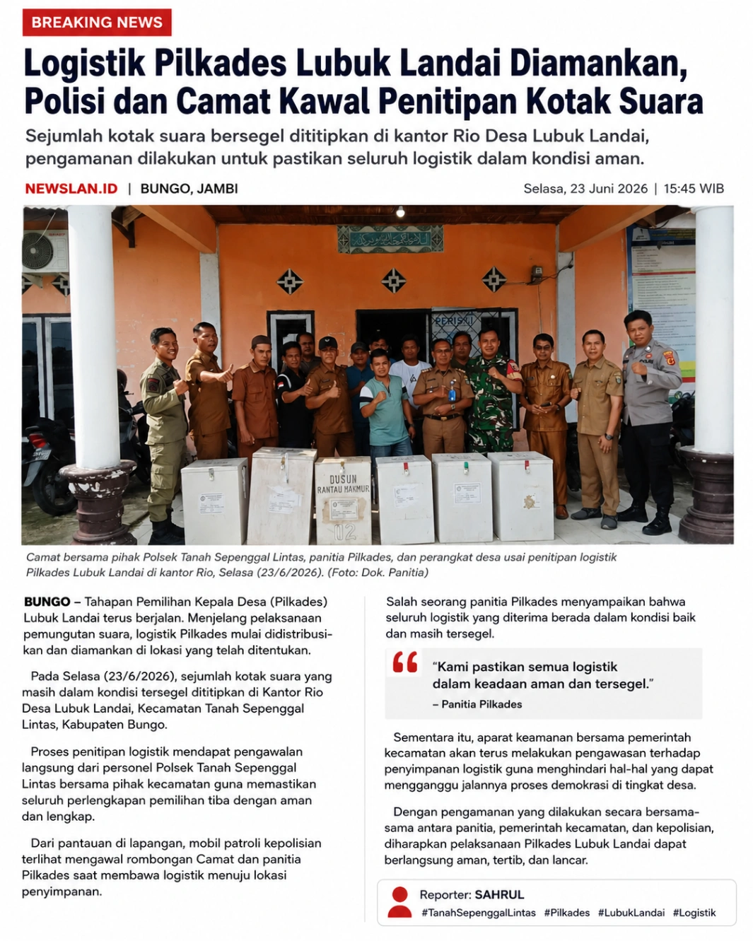 BREAKING NEWS: Logistik Pilkades Lubuk Landai Diamankan, Polisi dan Camat Kawal Penitipan Kotak Suara